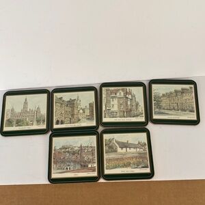 Vintage cork coasters Scotland images green Glasgow Edinburgh set of 6 & holder